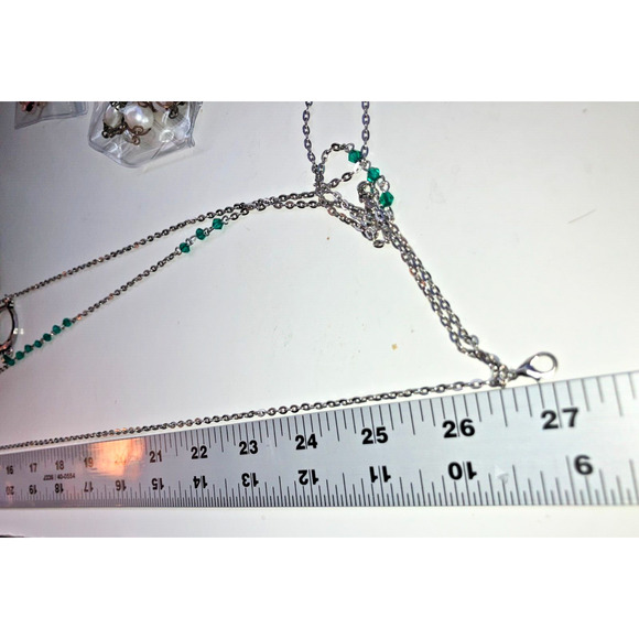 Green Crystal Silver-Tone Layered Chain 27" Necklace! - Picture 7 of 7